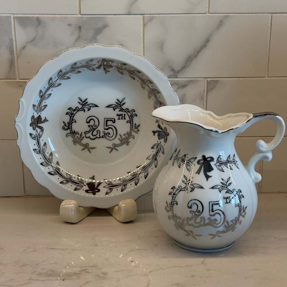 Lefton 25th Anniversary Pitcher & Bowl Set 5992 White Silver